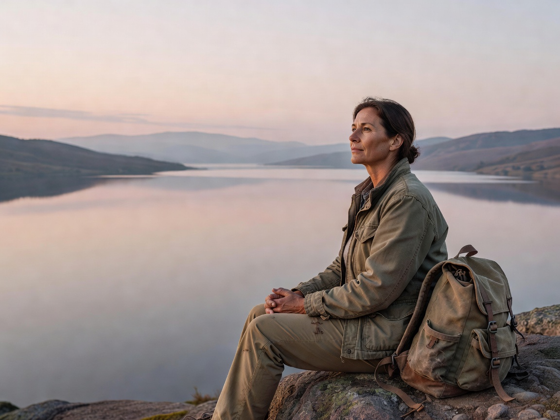 Mindful traveler looking out over quiet natural horizon