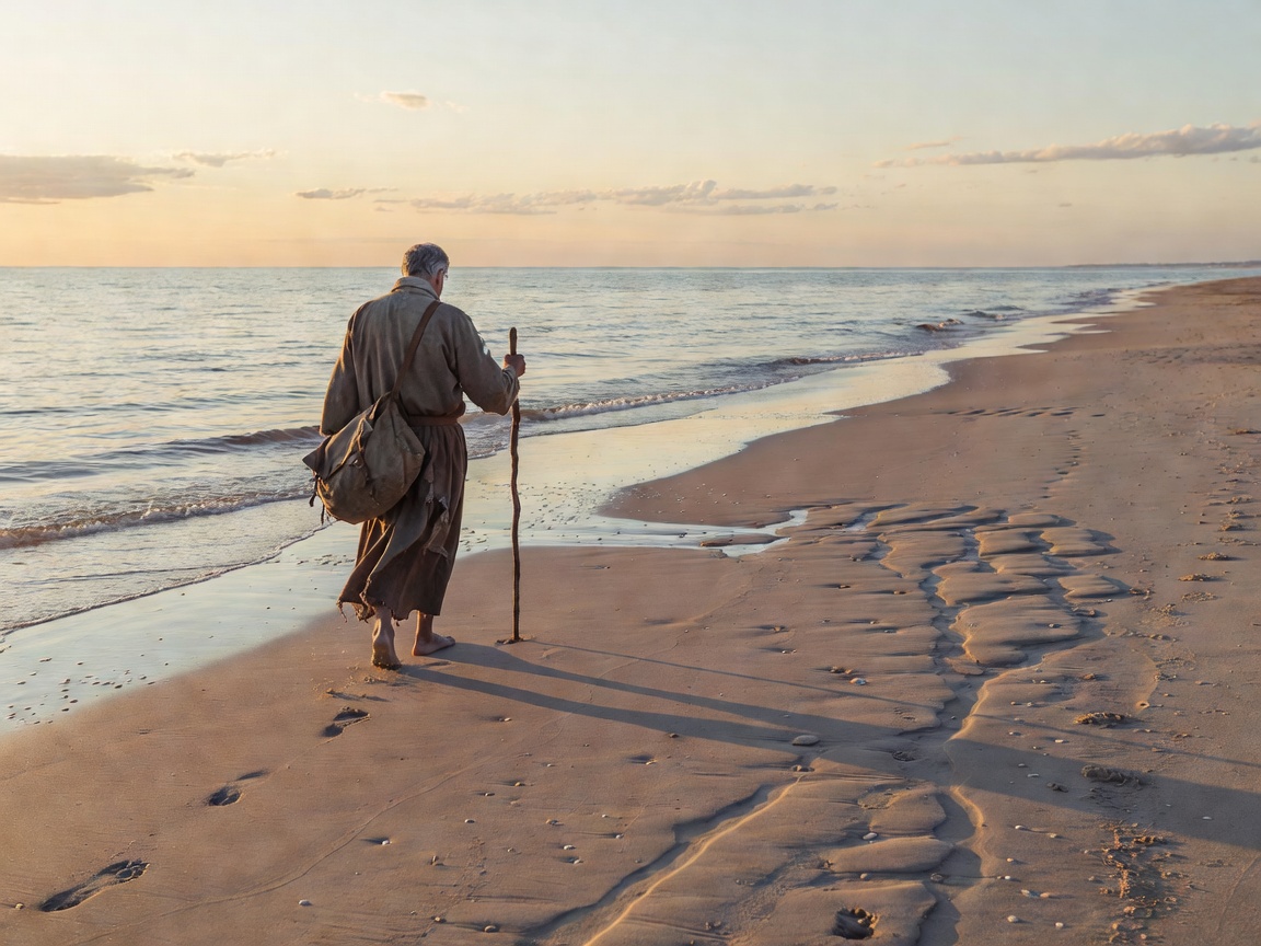 Solitary Pilgrim Walking Along Peaceful Shore